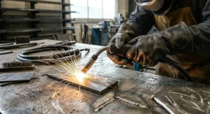 Close-up of a welder's hands wearing MIG welding gloves while holding a MIG torch during a welding project.