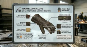 Detailed illustration pointing out reinforced seams and cuffs on heavy-duty MIG welding gloves.
