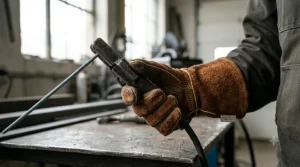 A welder’s hand wearing a protective stick welding glove while holding a metal electrode holder in a professional workshop environment.