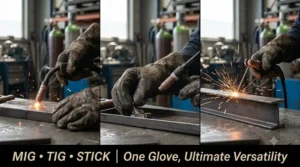 Versatile multipurpose welding gloves designed for MIG, TIG, and stick welding applications in a workshop.