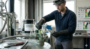 Industrial worker wearing neoprene chemical resistant gloves for safe machinery maintenance.