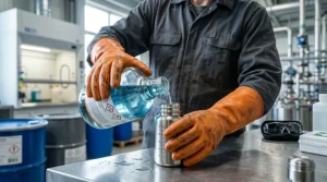 Industrial worker safely handling hazardous materials while wearing heavy-duty gauntlet chemical gloves.