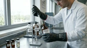 A technician wearing Viton chemical resistant gloves while safely handling corrosive acids in a laboratory setting.