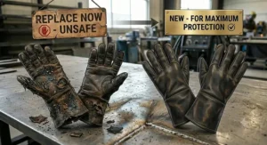 Side-by-side comparison of worn-out versus new MIG welding gloves to illustrate when to replace them.