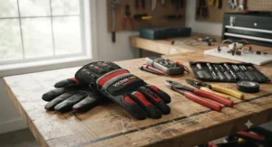 Affordable electrical safety gloves under $50 laid out on a workbench next to hand tools.