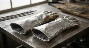 Pair of long gauntlet cuff aluminized heat resistant gloves designed for forearm and wrist protection.