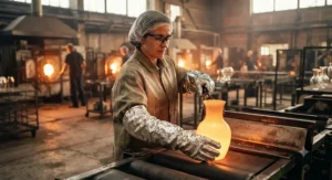 A glass factory technician wearing aluminized heat resistant gloves while handling hot glassware.