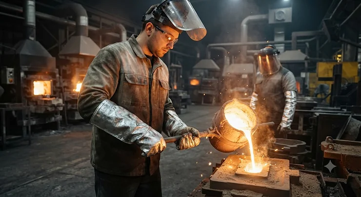 An industrial foundry worker wearing aluminized heat resistant gloves while handling molten metal safely.