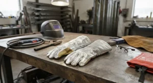 Aluminized heat resistant gloves resting on a workbench alongside professional welding and safety gear.