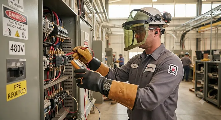 Worker wearing heavy-duty arc flash gloves for electrical work in an industrial setting