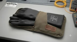 ASTM D120 standard certified class 0 rubber insulating gloves stored safely in a protective canvas bag.