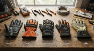 Comparison of different styles of electrician work gloves under $50 displayed side by side.