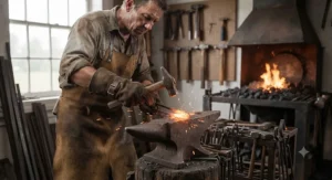 A blacksmith shaping hot metal on an anvil while wearing protective forge gloves.