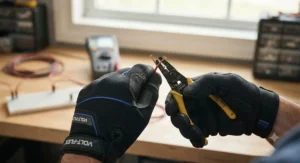 Close-up of flexible electrician work gloves under $50 handling small wire strippers.