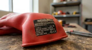 Close-up view of the manufacturer label and voltage rating on a high voltage insulating glove cuff.