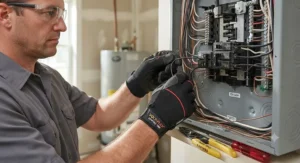 Professional electrician wearing comfortable work gloves under $50 while wiring a residential panel.