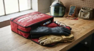 Complete storage bag kit containing arc flash gloves for electrical work and leather protectors