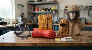Complete electrical safety PPE kit including high voltage insulating gloves, face shield, and leather protectors.