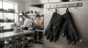 A pair of durable black industrial oven gloves hanging on a stainless steel kitchen wall rack.
