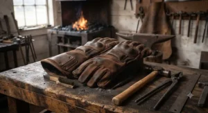 A pair of rugged leather blacksmith forge gloves resting on a workshop workbench.