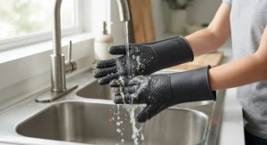 Easy to clean silicone heat resistant gloves being rinsed under running water in a sink