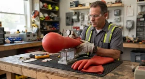 Electrician performing air inflation and pressure testing on high voltage insulating gloves before fieldwork.