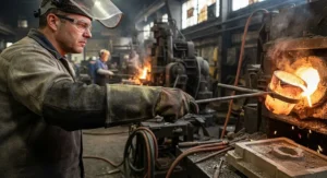 Side view showing the extended safety cuff on high-performance foundry heat resistant gloves for forearm protection.