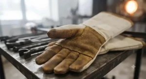 Extreme heat hot glass handling gloves featuring a reinforced leather grip for secure tool holding.