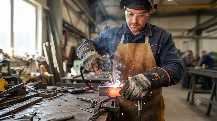 Pair of industrial extreme heat resistant gloves protecting hands from high-temperature surfaces.
