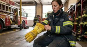 A firefighter putting on yellow Nomex heat resistant gloves as part of emergency gear turnout.