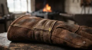 Close-up of reinforced fireproof stitching on professional blacksmith forge gloves.
