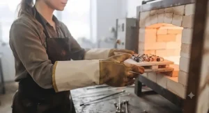 Flame-resistant hot glass handling gloves protecting a maker's hands near a high-temperature kiln.