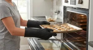 Flexible five-finger silicone heat resistant gloves lifting a baking sheet from the oven
