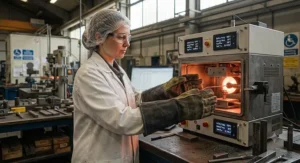 A technician testing the thermal insulation properties of industrial foundry heat resistant gloves.