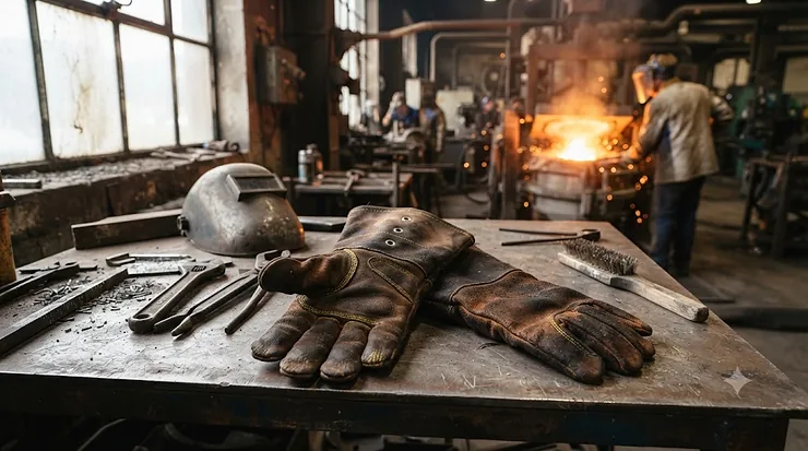 Heavy-duty furnace operator gloves resting on a workbench in an industrial foundry setting.