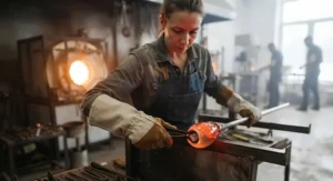 A professional glassblower safely wearing hot glass handling gloves while shaping molten glass at the furnace.