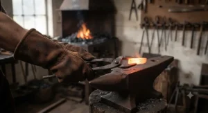 Hands wearing heavy-duty blacksmith forge gloves securely holding metal tongs.