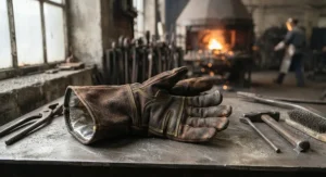 Close-up illustration of heat-resistant furnace operator gloves showing reinforced leather palm stitching.