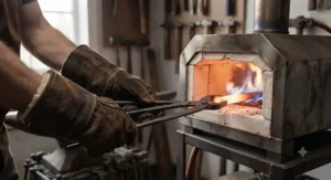 Thermal insulated forge gloves protecting hands near a high-temperature propane forge.