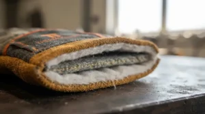 Close-up of layered aramid fiber material used in extreme heat resistant gloves.