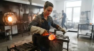 An artisan wearing heat-resistant hot glass handling gloves while working in a hot shop studio.