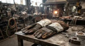 Pair of thick, multi-layered foundry heat resistant gloves resting on a workshop bench.