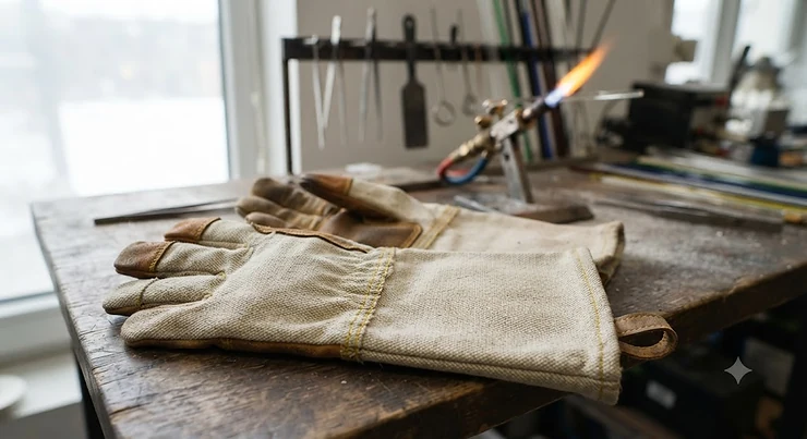 A pair of heavy-duty hot glass handling gloves designed for safe lampworking and glassblowing.