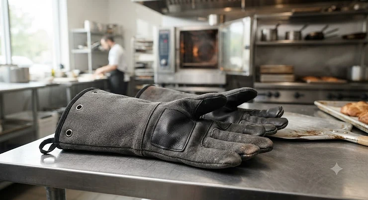 A pair of heavy-duty industrial oven gloves designed for high-heat protection in commercial kitchens.