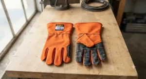 A pair of professional orange Nomex heat resistant gloves displayed flat on a clean workbench.