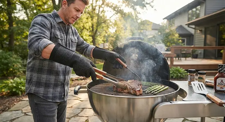 Heavy-duty silicone heat resistant gloves protecting hands while grilling outdoors