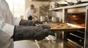 Safety focus shot of high-temperature industrial oven gloves being used to safely grab a hot sheet pan.