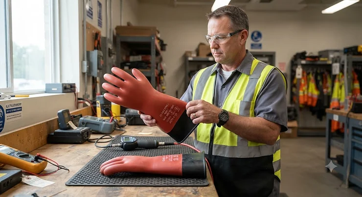 Worker inspecting a pair of black and red high voltage insulating gloves designed for electrical safety.