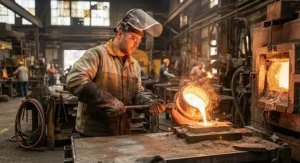 Worker wearing foundry heat resistant gloves while handling high-temperature furnace equipment.