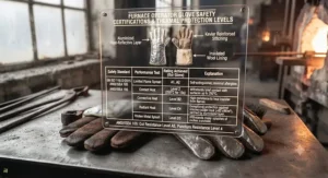 Infographic displaying safety ratings and thermal protection levels for furnace operator gloves.
